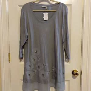 NEW LOGO Women's Cotton Embellished Light Slate Blue 3/4 Sleeve Top  Siz…